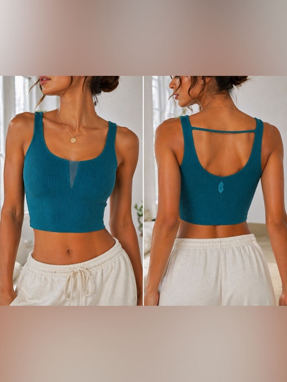 Free People Teal Ribbed Cropped Tank Top